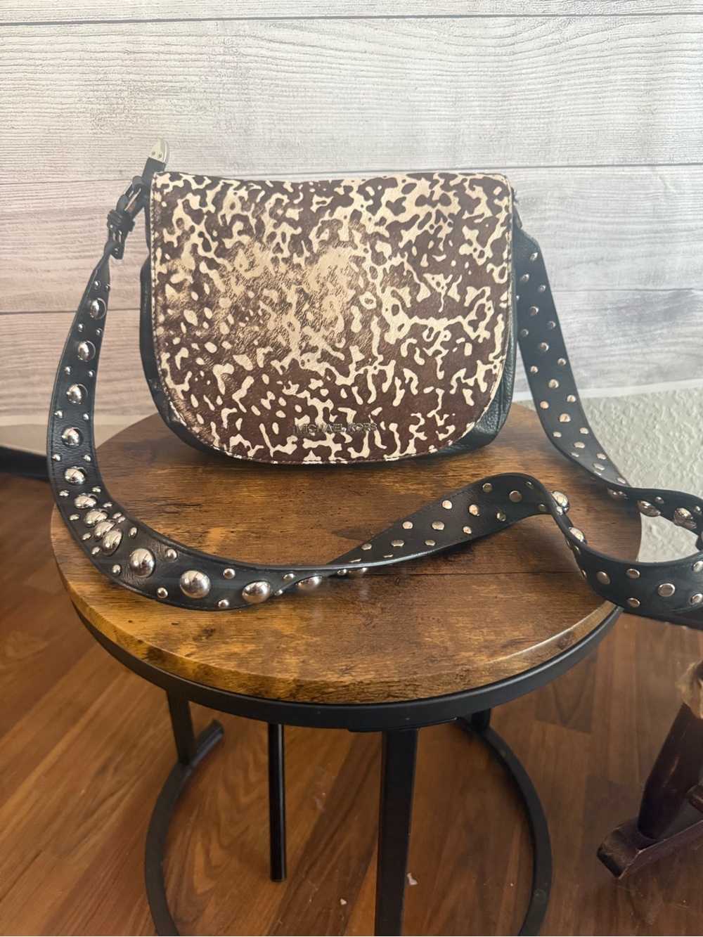 Michael Kors Brown and White Cowhide Studded Crossbody